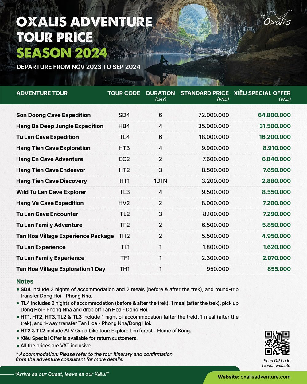 Oxalis Adventure tour price list